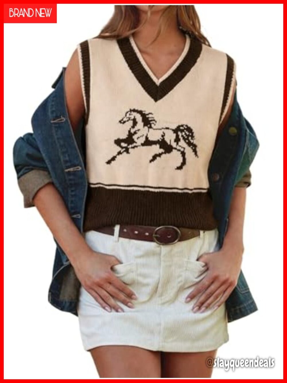 SOLY HUX Women's Horse Graphic Sweater Vest Knit V-Neck Sleeveless Top